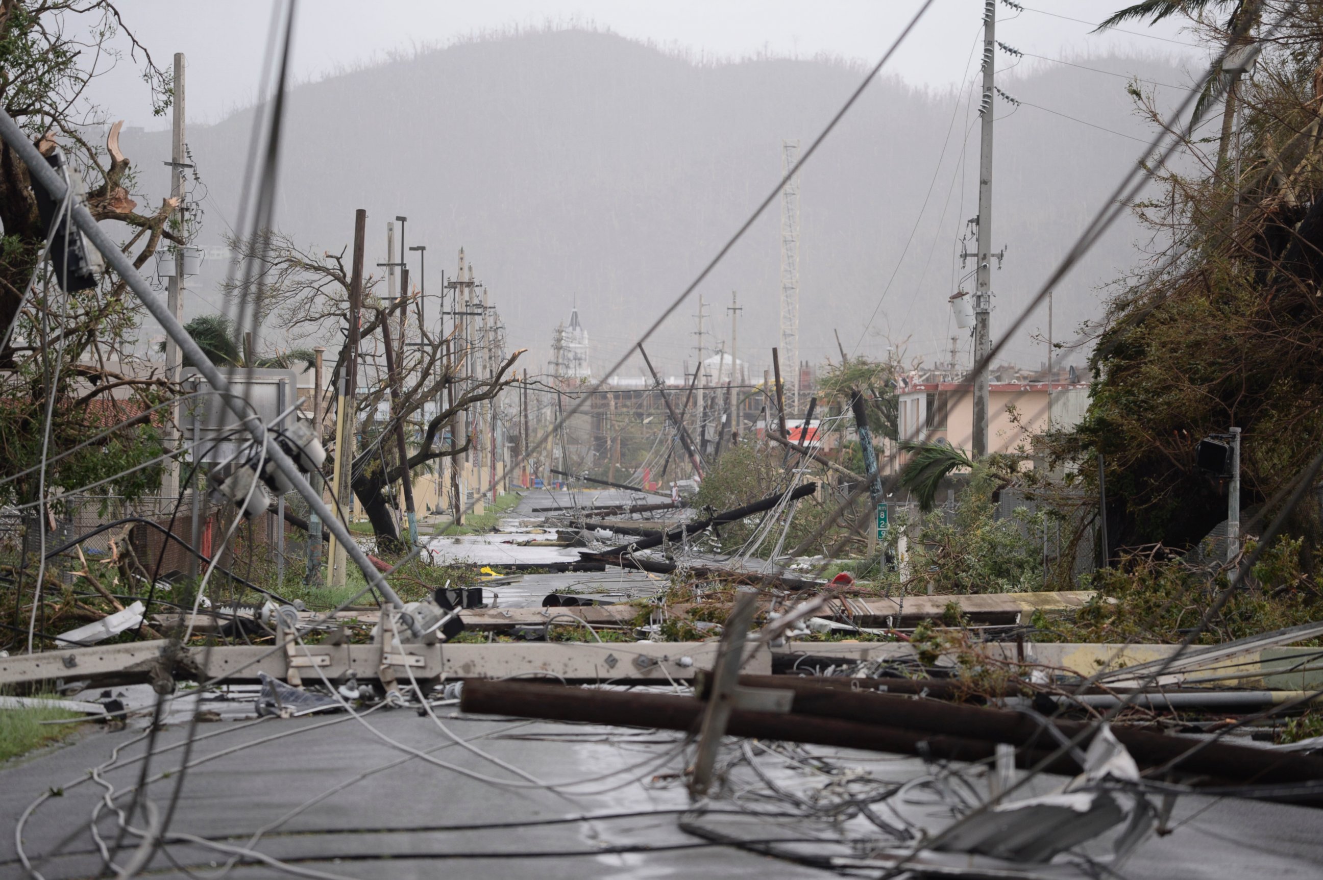 In this Sept. 20, 2017 file photo, electricity poles and lines lie toppled on the road after Hurricane Maria hit the eastern region of the island, in Humacao, Puerto Rico.