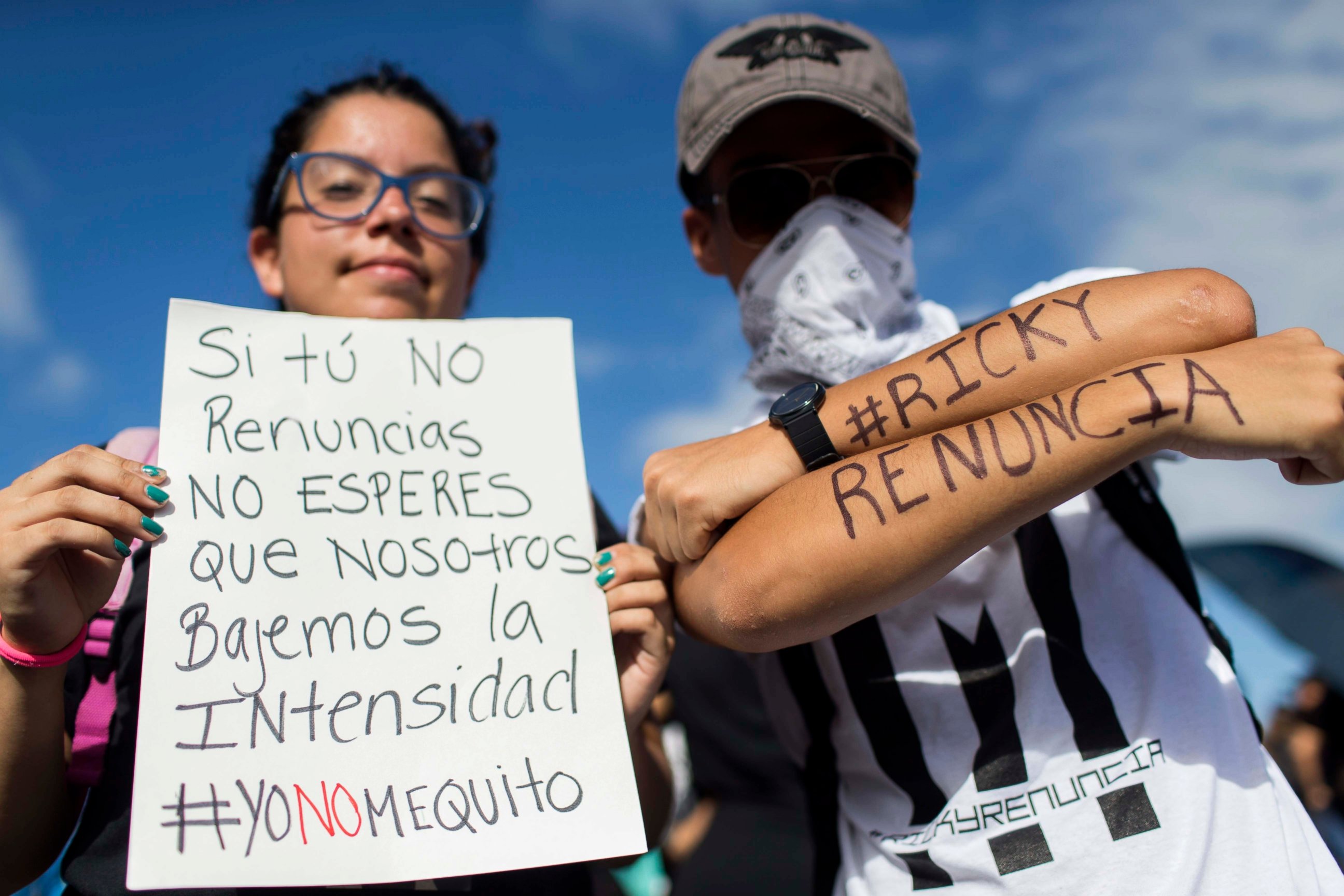 PHOTO: Demonstrators pose for a photo during march on Las Americas highway demanding the resignation of governor Ricardo Rossello, in San Juan, Puerto Rico, Monday, July 22, 2019.