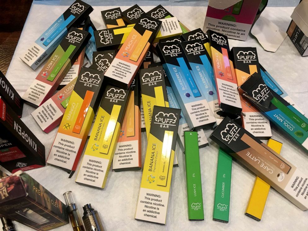 PHOTO: This photo provided by Stanford University tobacco researcher Bonnie Halpern-Felsher, Feb. 3, 2020, shows e-cigarette products confiscated from high school students, including disposable e-cigarettes called Puff Bars.