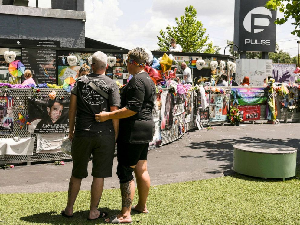 PHOTO: Survivors and their supporters gather at Pulse in downtown Orlando on the fifth anniversary of the mass shooting that took 49 lives, June 12, 2021.