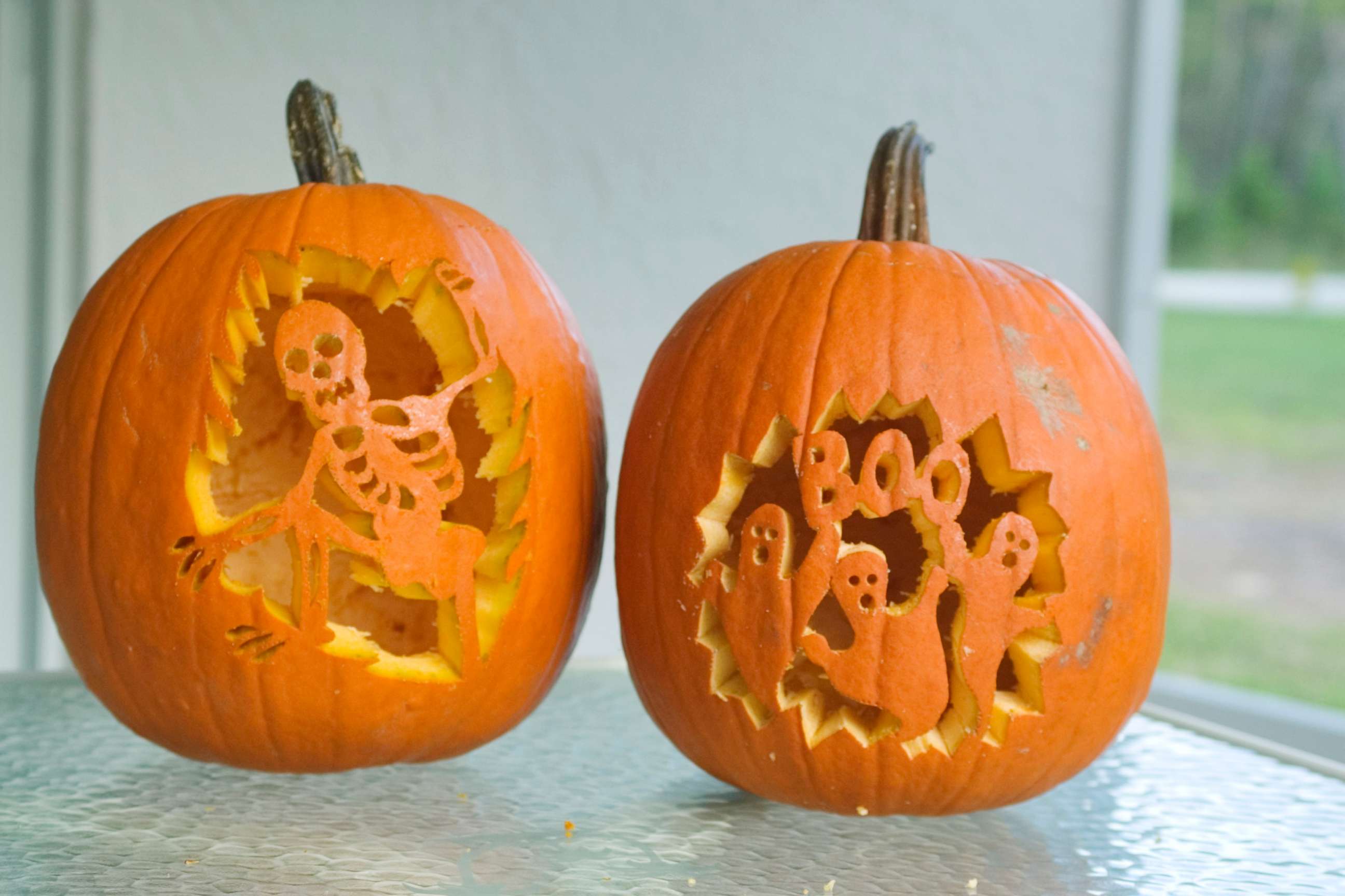 PHOTO: Jack-O-Lanterns with ghosts and skeletons are carved in pumpkins for Halloween in this undated photo.