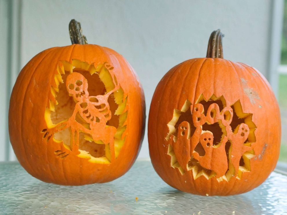 PHOTO: Jack-O-Lanterns with ghosts and skeletons are carved in pumpkins for Halloween in this undated photo.