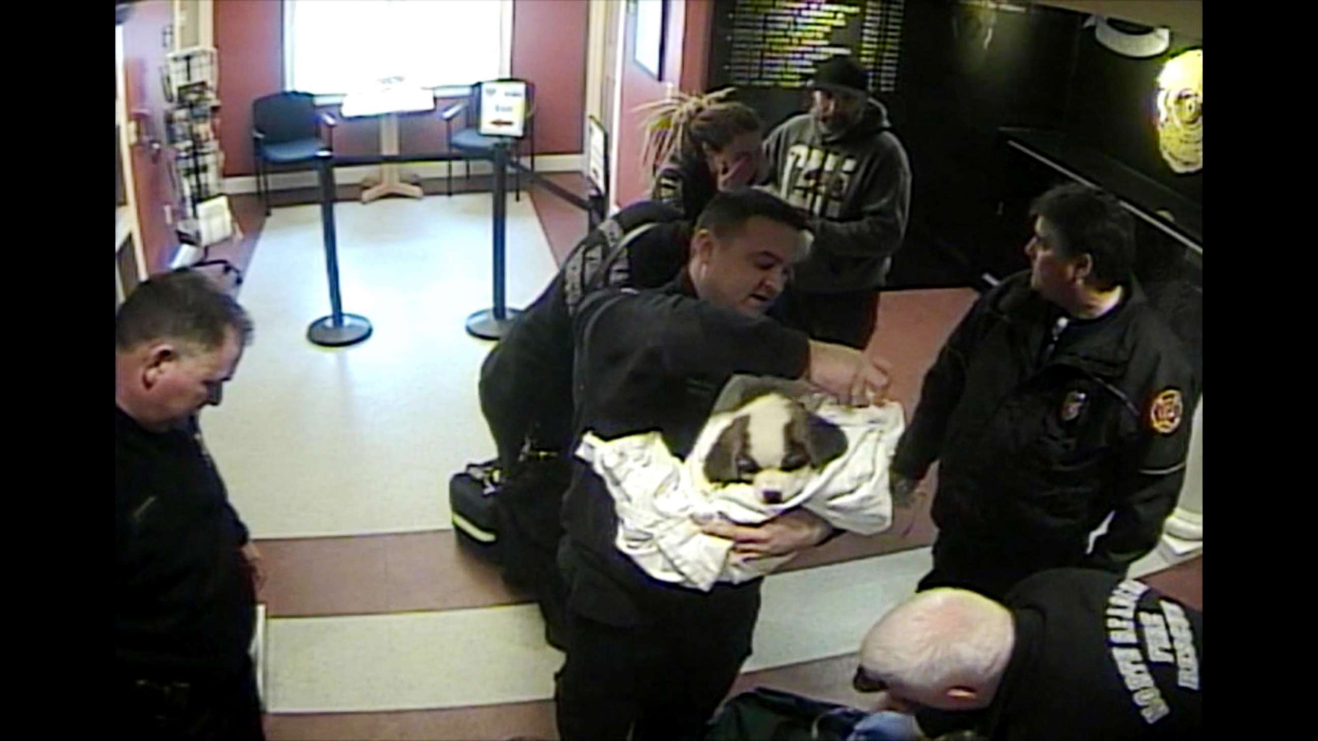 PHOTO: North Reading police officers and firefighters are captured on surveillance video saving a choking puppy.
