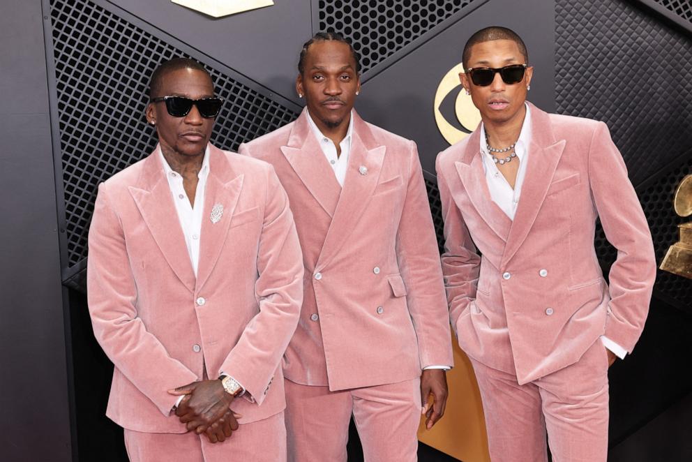 PHOTO: In this Feb. 1, 2026, file photo, rapper Malice, rapper Pusha T and singer-songwriter and fashion designer Pharrell Williams arrive for the 68th Annual Grammy Awards in Los Angeles.