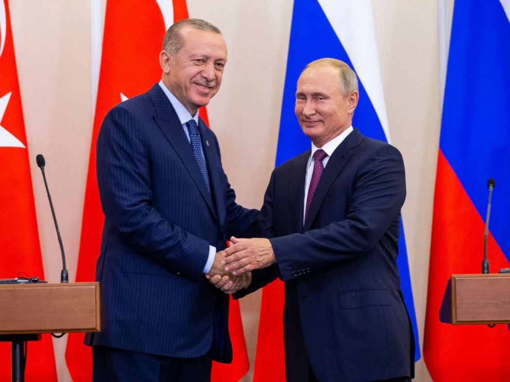 PHOTO: Russian President Vladimir Putin and Turkish President Recep Tayyip Erdogan shake hands after their joint news conference in Sochi, Russia, Sept. 17, 2018.