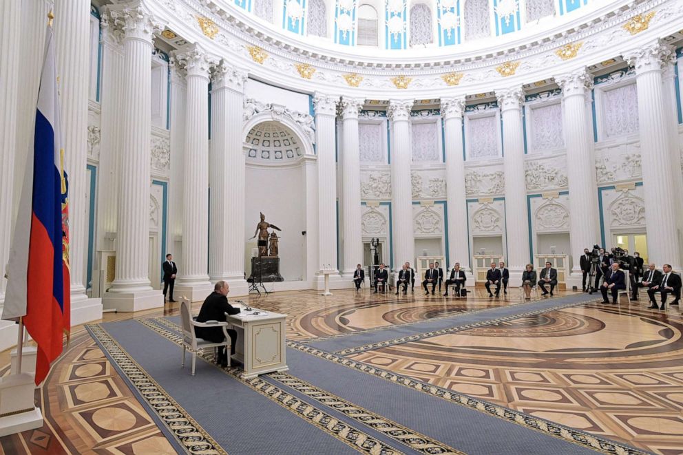 PHOTO: Russian President Vladimir Putin chairs a meeting with members of the Security Council in Moscow, Feb. 21, 2022.