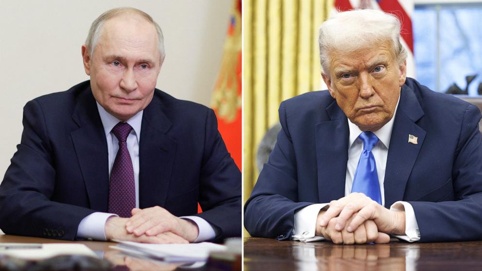 PHOTO: Russian President Vladimir Putin in Moscow, Feb. 13, 2025 and President Donald Trump in Washington, Feb. 11, 2025.