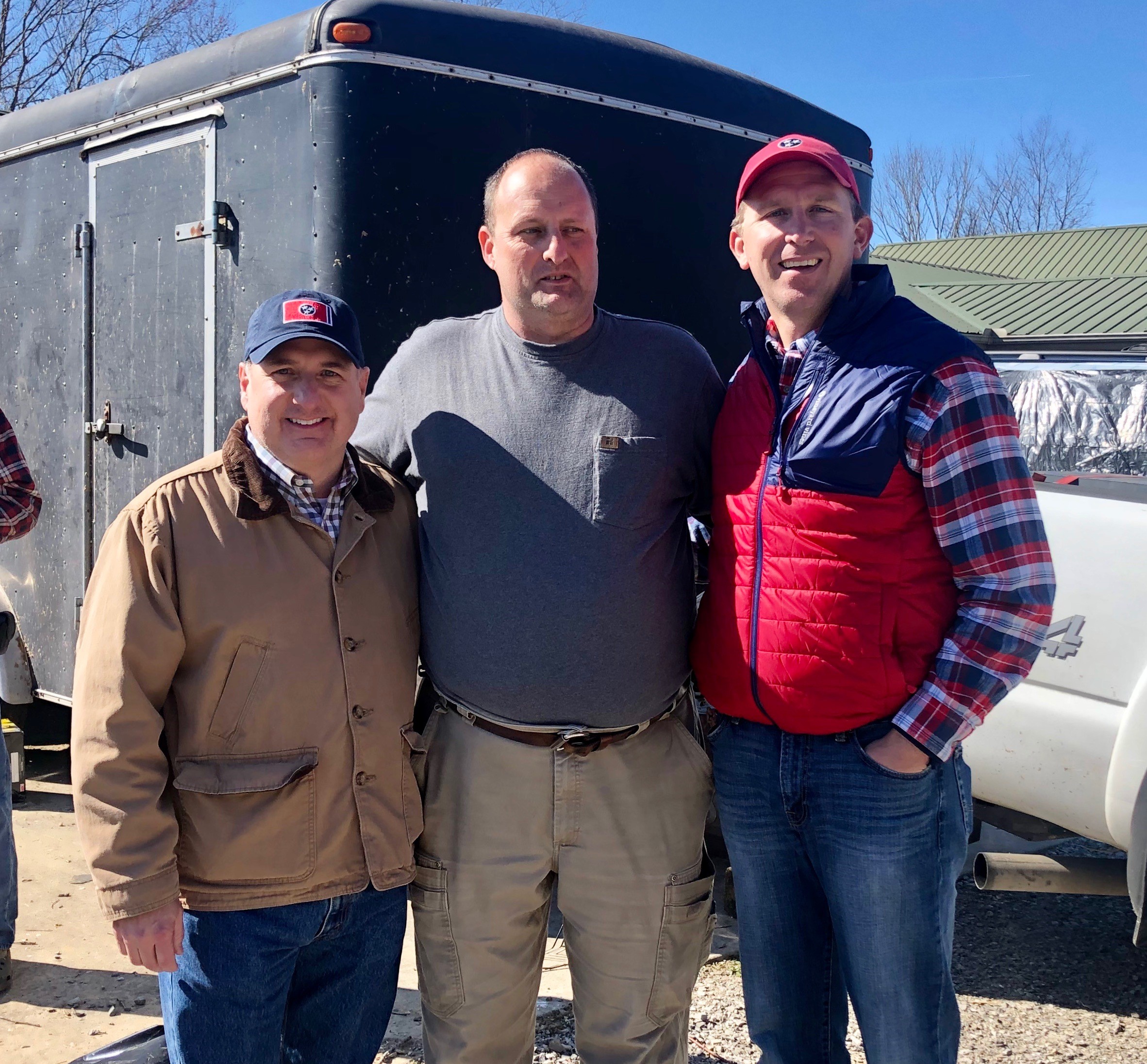 PHOTO: Sen. Paul Bailey, left, and Rep. Ryan Williams, right, pose for a photo with Darrell Jennings, who turn his home into a life-saving triage center for his neighbors after the tornado struck, March 3, 2020, in Putnam County near Nashville, Tenn.