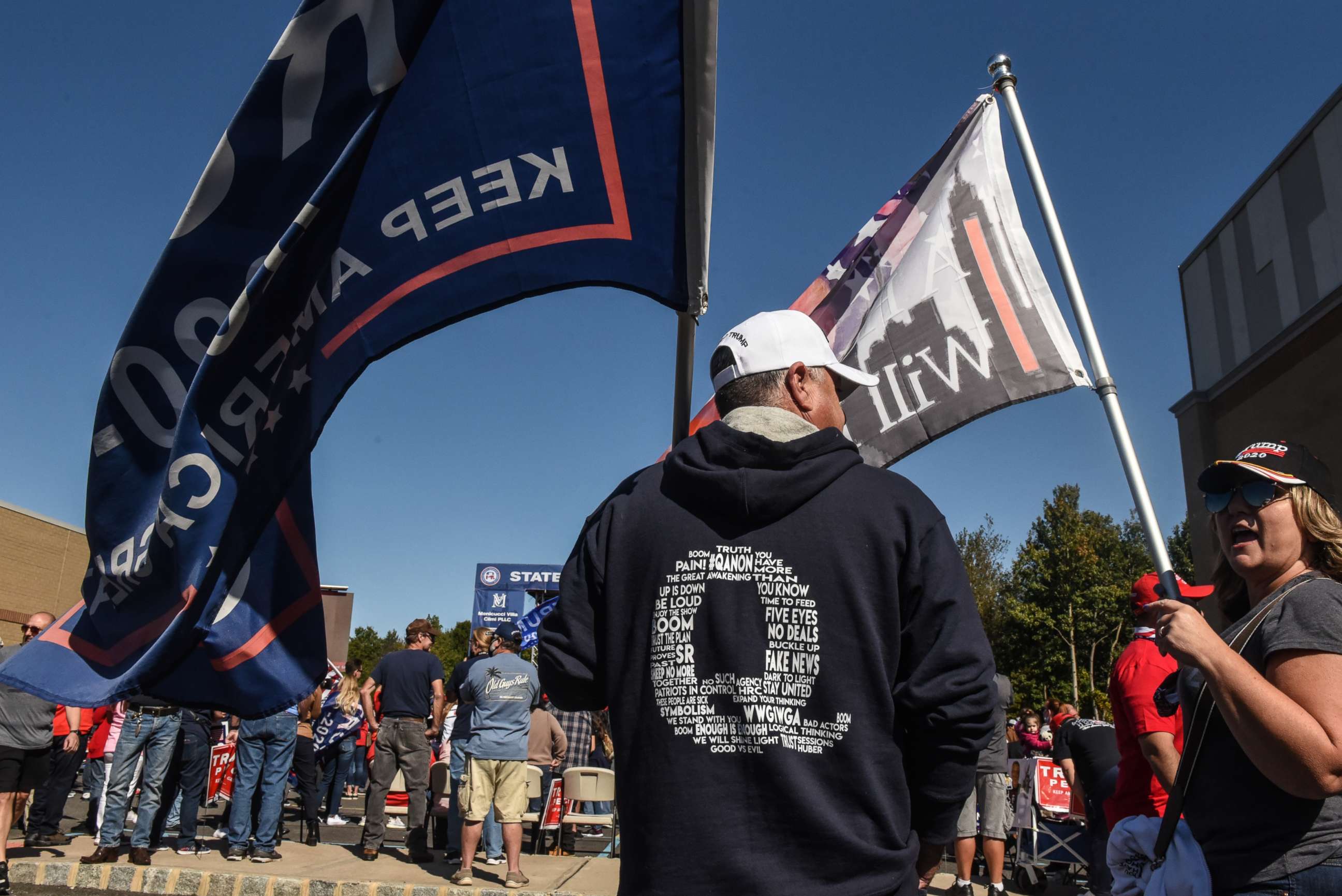 PHOTO: A person wears a QAnon sweatshirt during a pro-Trump rally on Oct. 3, 2020, in the borough of Staten Island in New York City.