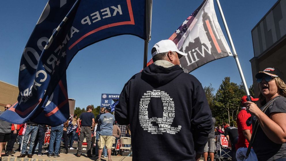 PHOTO: A person wears a QAnon sweatshirt during a pro-Trump rally on Oct. 3, 2020, in the borough of Staten Island in New York City.