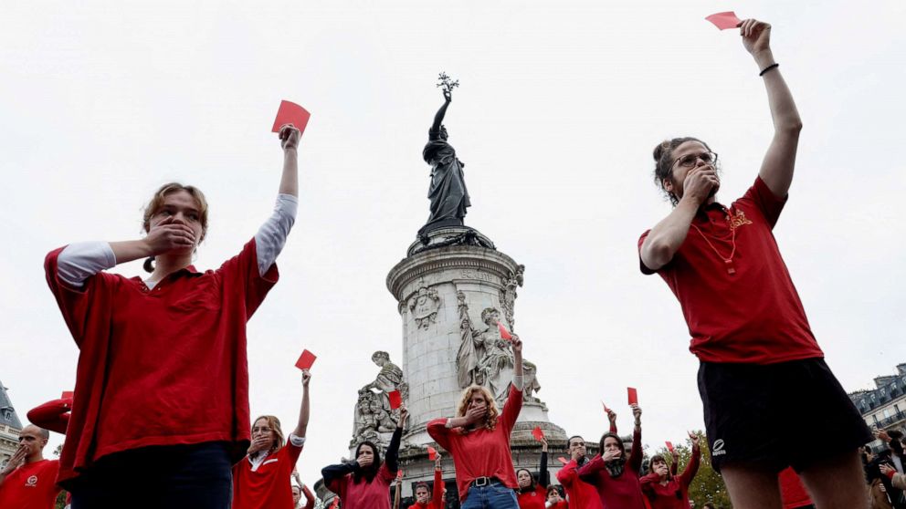 PHOTO: Activists from "Red box for Qatar" (Red card for Qatar) Demonstrate at Place de la Republique in Paris on November 20, 2022 to protest the FIFA World Cup Qatar.