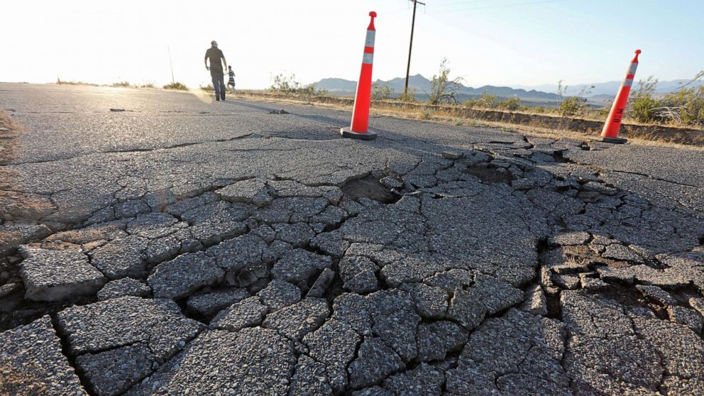 PHOTO: Fissures that opened up under a highway during a powerful earthquake that struck Southern California are seen near the city of Ridgecrest, Calif., U.S., July 4, 2019.