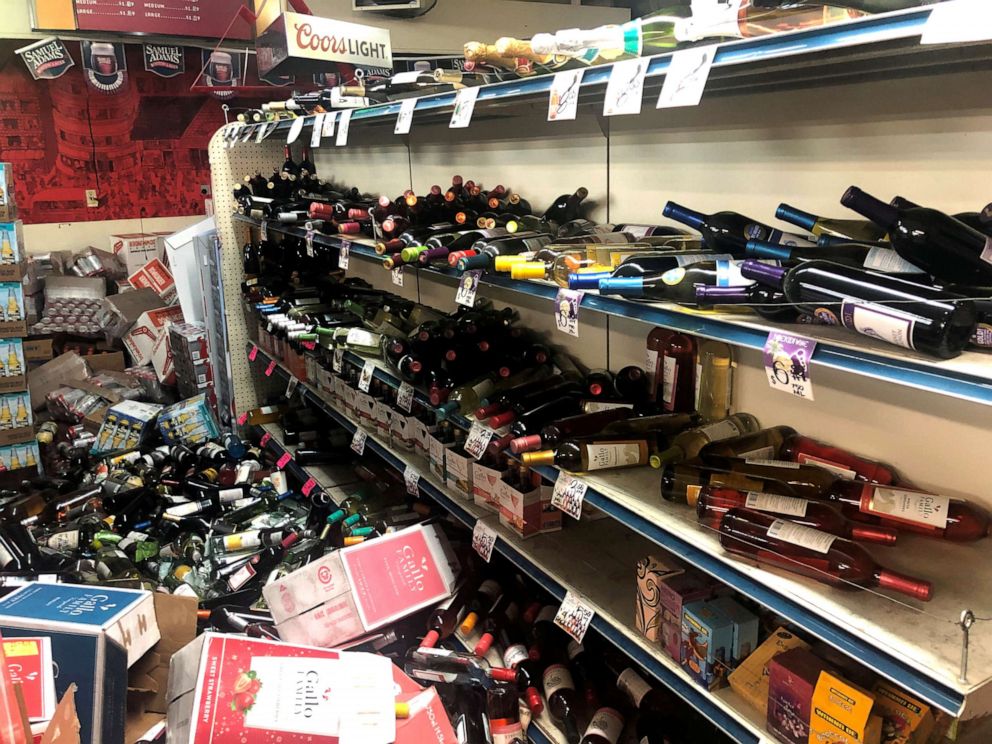 PHOTO:Toppled bottles of wine are seen after an earthquake at Eastridge Market in Ridgecrest, Calif., July 6, 2019.