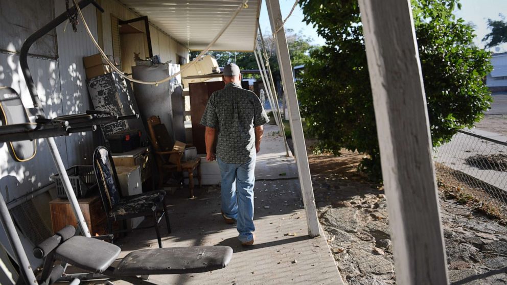 PHOTO: Terry Brantley walks outside his mobile home which moved over 12 inches as a result of a magnitude 7.1 earthquake, in Ridgecrest, Calif., July 6, 2019.