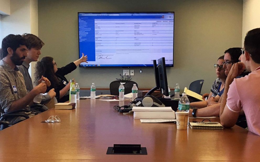 PHOTO: Renee Paradis, a lawyer for Tiffany Caban's campaign for Queens district attorney, gestures towards a screen during a meeting with the Queens Board of Elections and representatives from Melinda Katz's campaign on July 5, 2019.