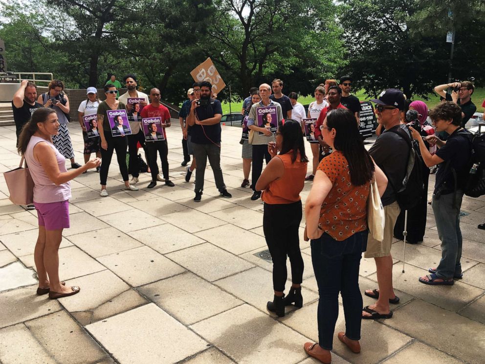 PHOTO: Supporters of Tiffany Caban, who is running for Queens District Attorney, rally outside the Queens Board of Elections on July 5, 2019.