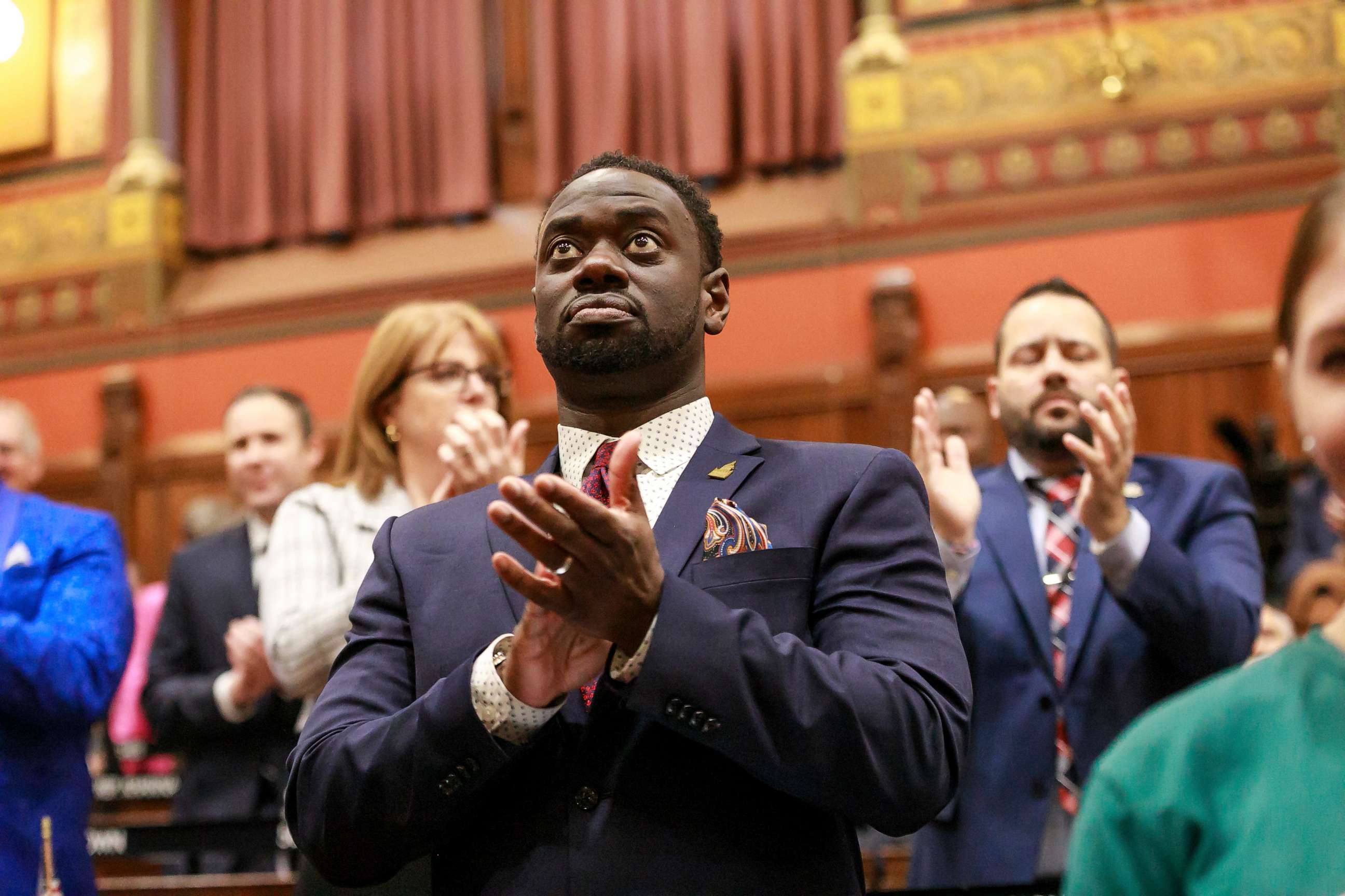 PHOTO: State Rep. Quentin Williams, D-Middletown, applauds during Connecticut Gov. Ned Lamont's state of the state address, Jan. 4, 2023, in Hartford, Conn.