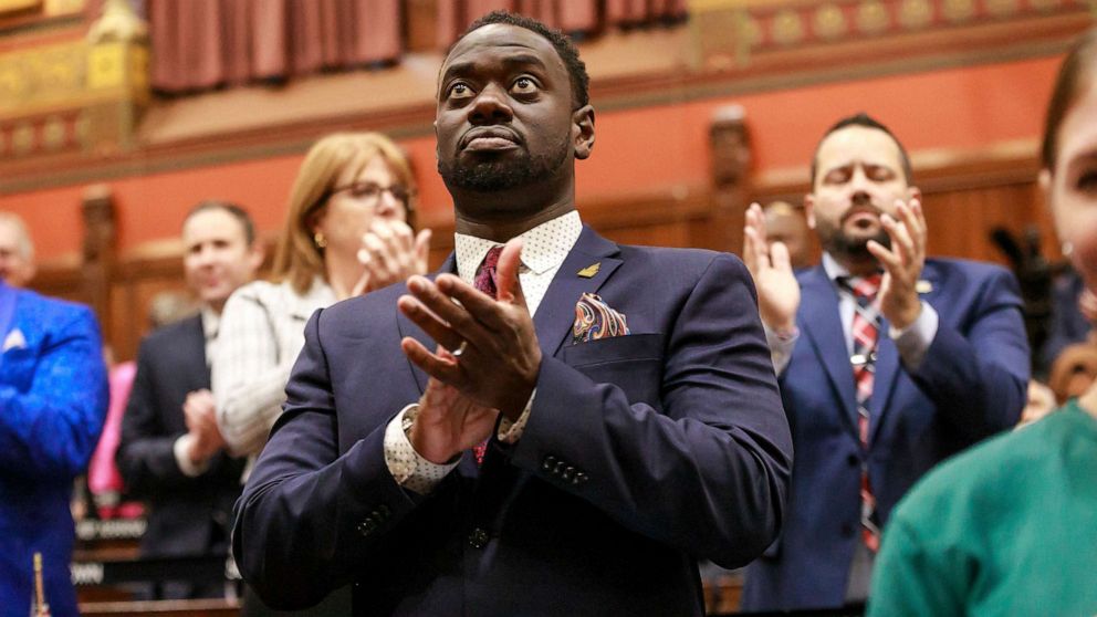 PHOTO: State Rep. Quentin Williams, D-Middletown, applauds during Connecticut Gov. Ned Lamont's state of the state address, Jan. 4, 2023, in Hartford, Conn.