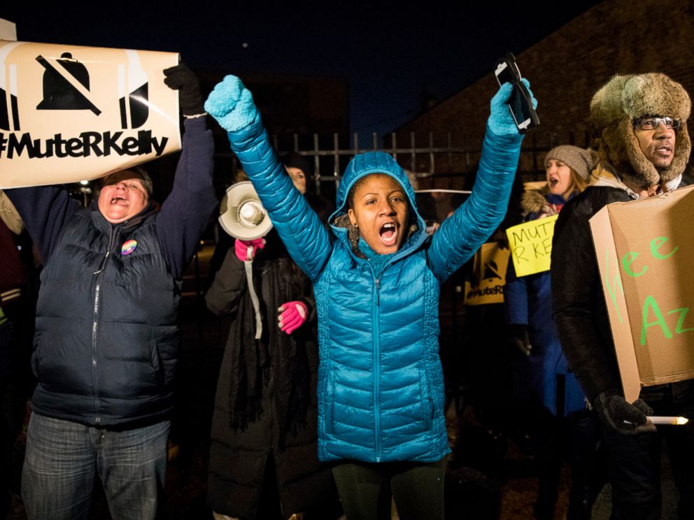 PHOTO: #MuteRKelly supporters protest outside R. Kellys studio, Wednesday, Jan. 9, 2019 in Chicago.