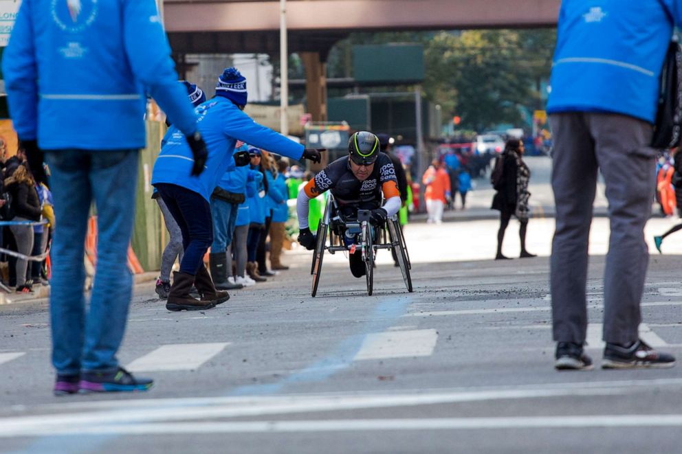 PHOTO: Participants race in wheelchairs at the New York City Marathon, Nov. 3., 2019. 