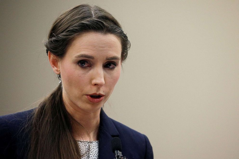 PHOTO: Victim Rachael Denhollander speaks at the sentencing hearing for Larry Nassar in Lansing, Mich., on Jan. 24, 2018. 