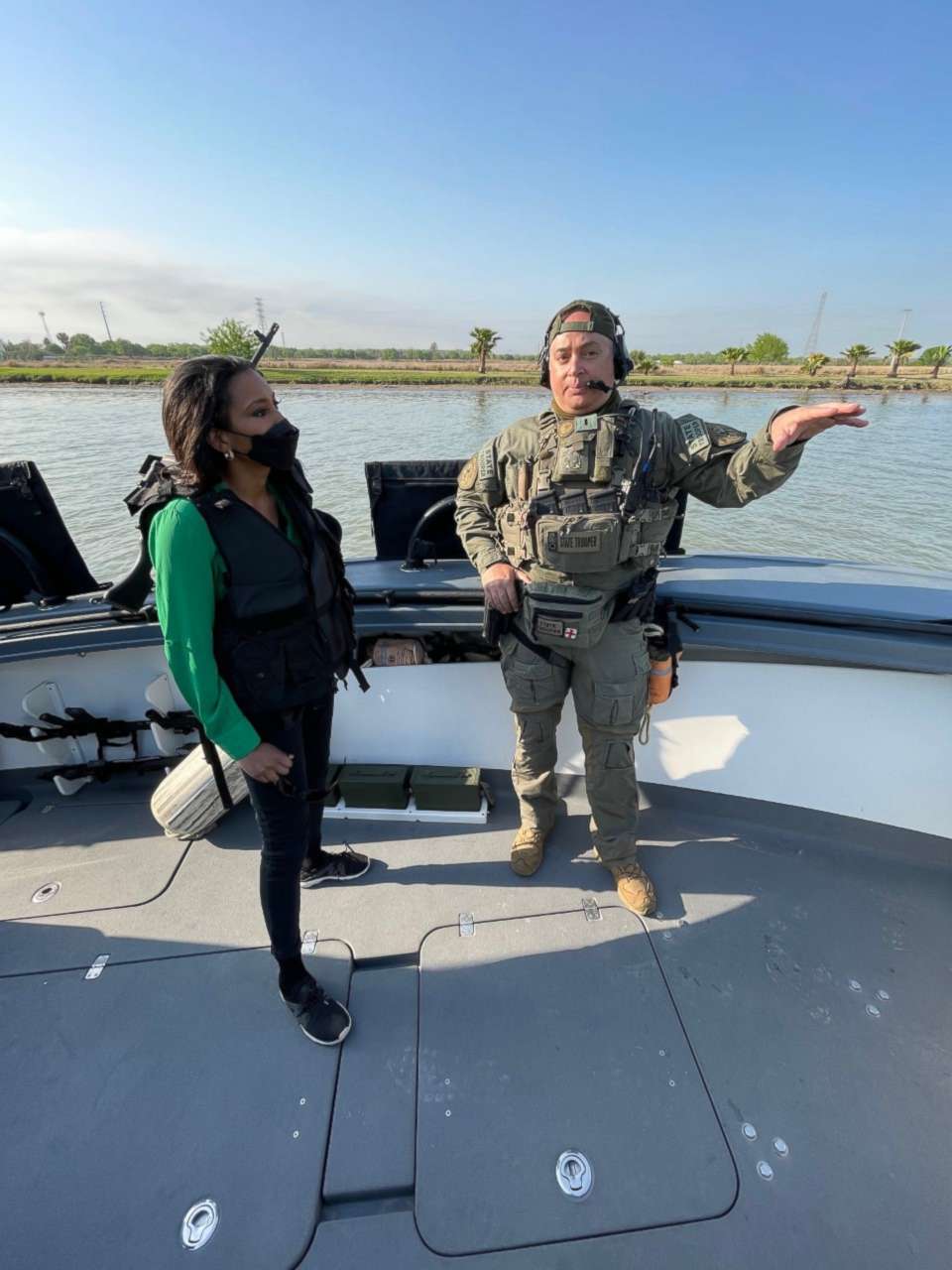 PHOTO: ABC News' Rachel Scott patrols the Rio Grande with Texas State troopers looking for migrants trying to cross into the United States.