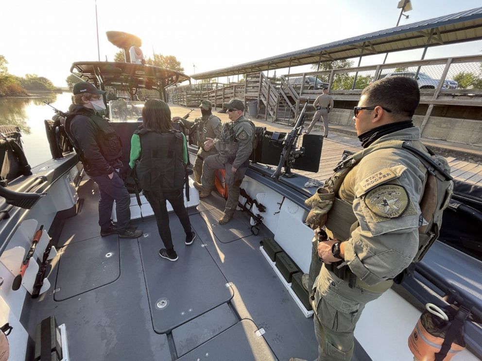 PHOTO: ABC News' Rachel Scott patrols the Rio Grande with Texas State troopers looking for migrants trying to cross into the United States. 