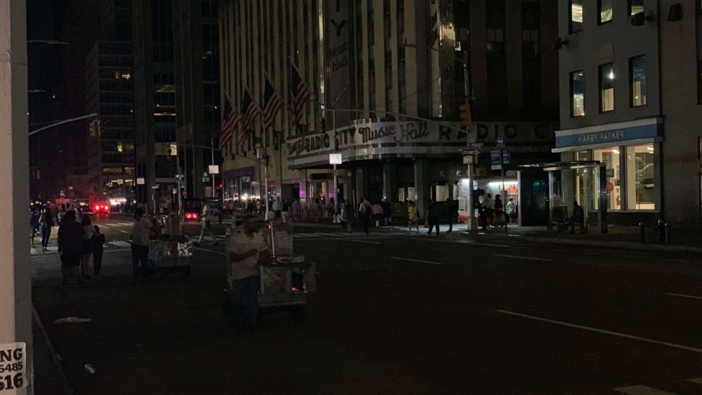 PHOTO: The lights were dark at Radio City Music Hall in New York City after a power outage affected large parts of Manhattan on Saturday, July 13, 2019.