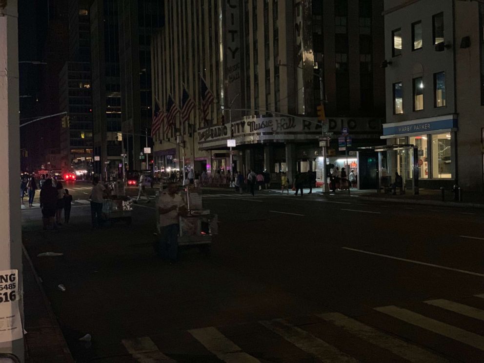 PHOTO: The lights were dark at Radio City Music Hall in New York City after a power outage affected large parts of Manhattan on Saturday, July 13, 2019.