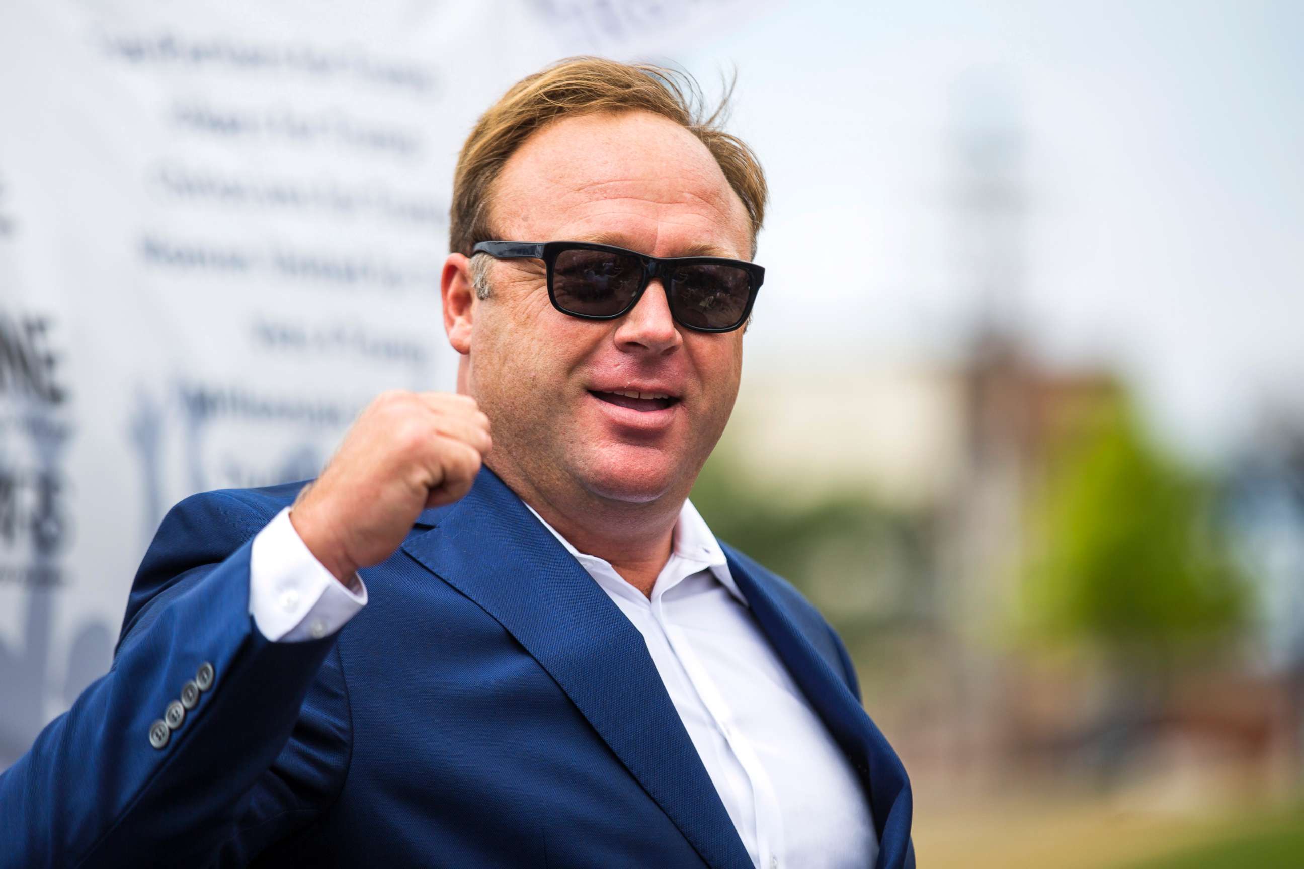 PHOTO: Radio talk show host Alex Jones speaks during a rally in support of Donald Trump near the Republican National Convention, July 18, 2016, in Cleveland, Ohio.