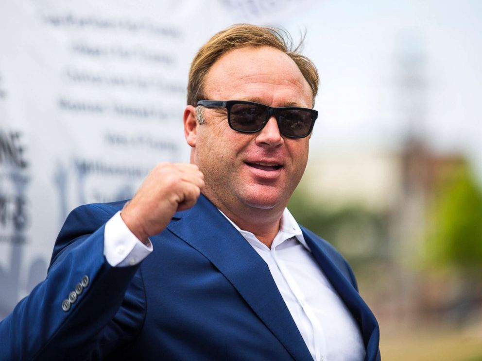 PHOTO: Radio talk show host Alex Jones speaks during a rally in support of Donald Trump near the Republican National Convention, July 18, 2016, in Cleveland, Ohio.