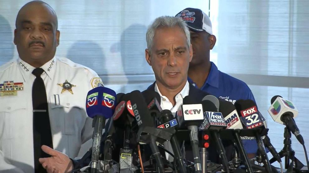 PHOTO: Chicago mayor Rahm Emmanuel speaks emotionally to the press about the recent shootings and violence in Chicago, Aug. 6, 2018.