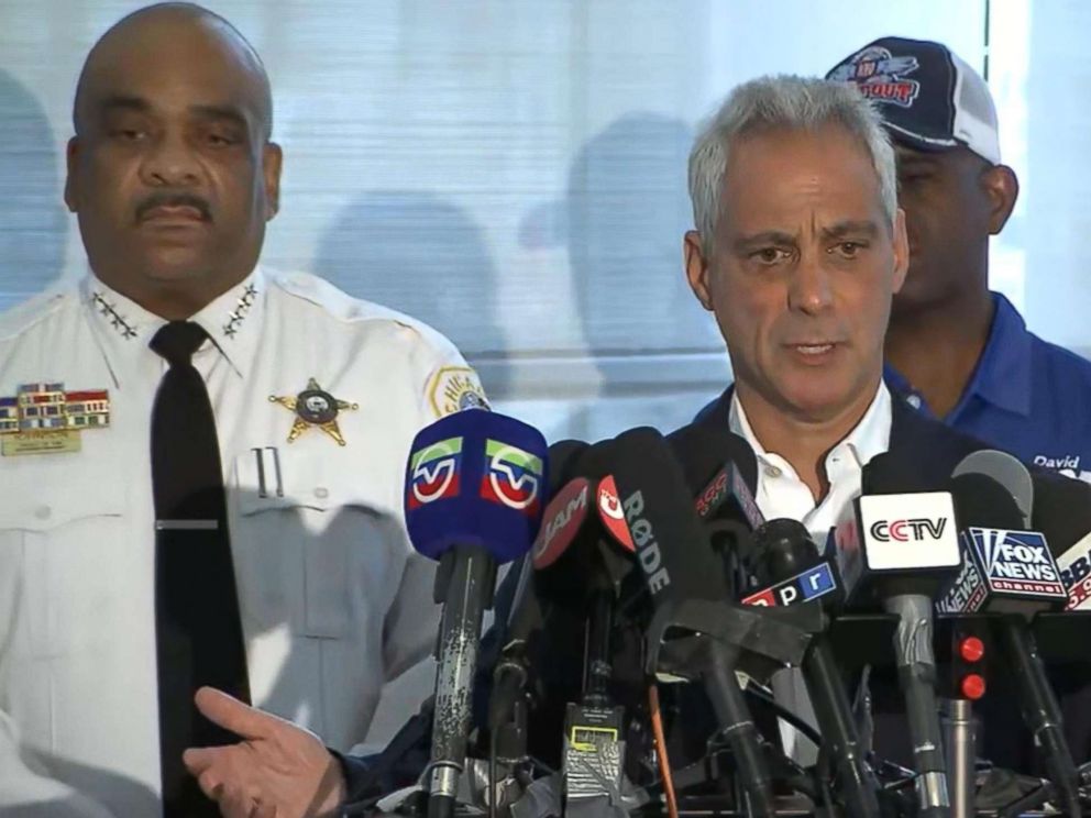 PHOTO: Chicago mayor Rahm Emmanuel speaks emotionally to the press about the recent shootings and violence in Chicago, Aug. 6, 2018.