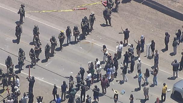 Federal agents clashed with protesters during an immigration raid at a farm in Southern California, July 10, 2025. 