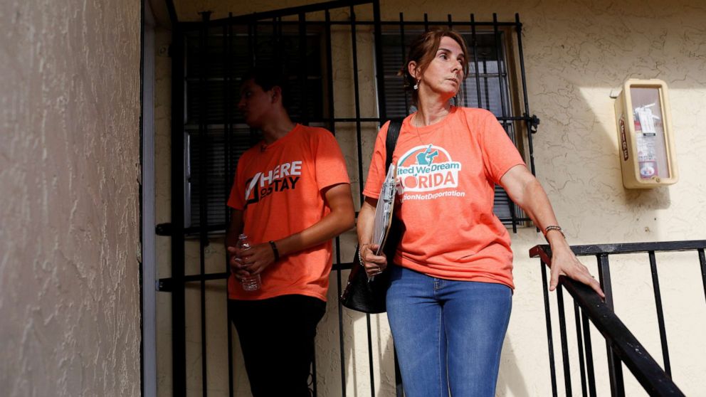 PHOTO: Immigration rights activists wait in front of the door of a house as communities braced for a reported wave of deportation raids across the United States by Immigration and Customs Enforcement officers, in Miami, July 13, 2019. 