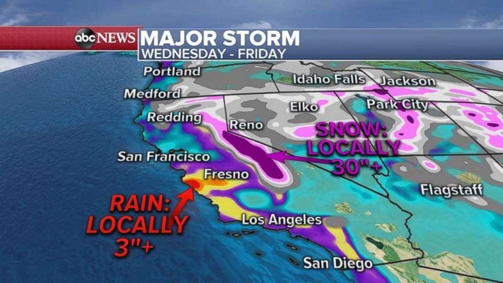 PHOTO: Rain totals over 3 inches are possible along the central California coast, while more than 2 feet of snow is possible in the Sierra Nevada Mountains.