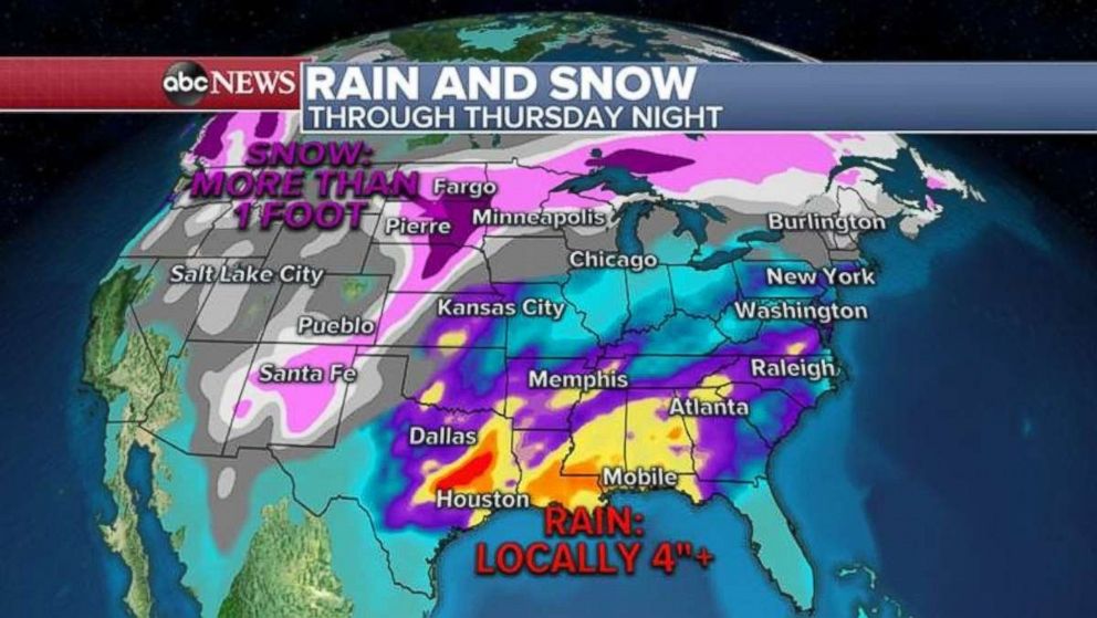 PHOTO: Rainfall totals could be over 4 inches along the Gulf Coast with over a foot of snow in the Dakotas.