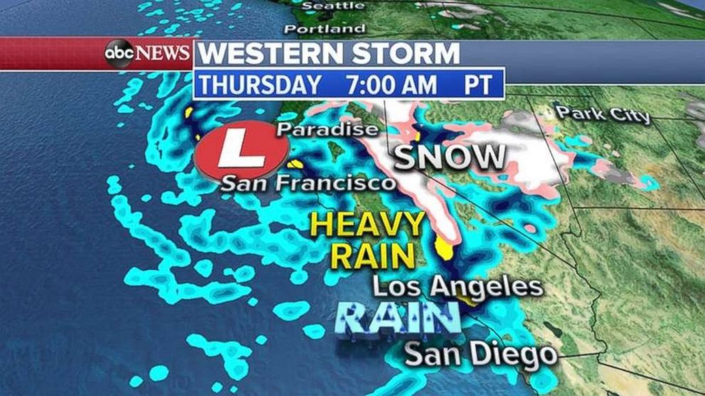 PHOTO: Heavy rain is falling in much of California, while snow falls in the Sierra Nevada Mountains on Thursday morning.