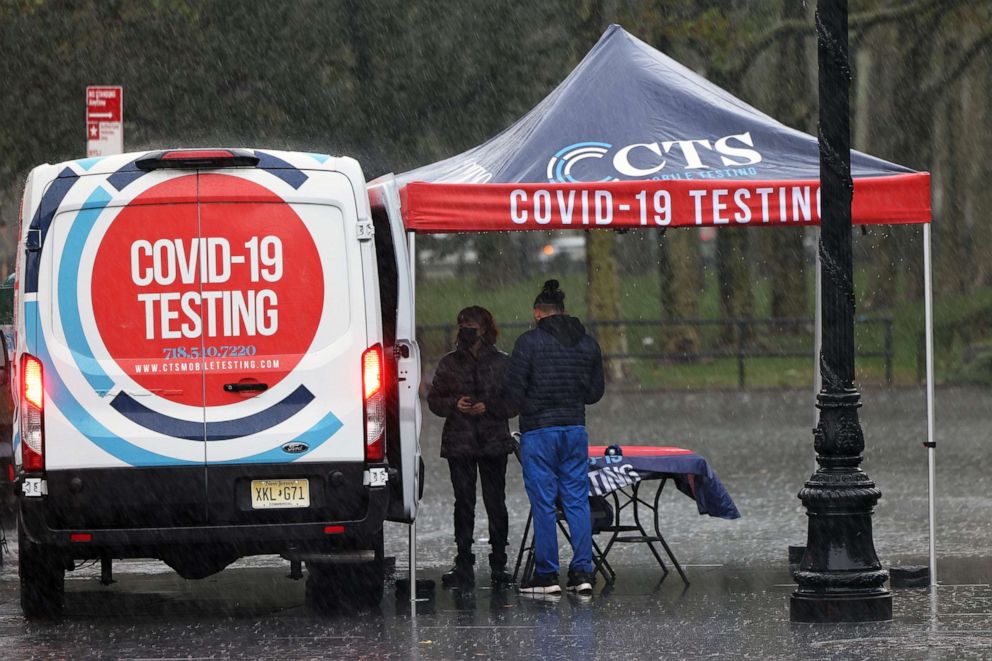 PHOTO: People stand under a tent at a COVID-19 testing station during a autumn Nor'easter on Oct. 26, 2021 in the Brooklyn, N.Y.
