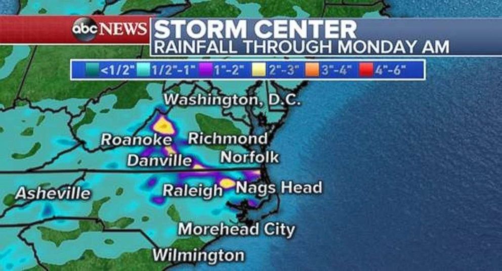 Rainfall will also be heavy in parts of North Carolina and Virginia through Monday morning.