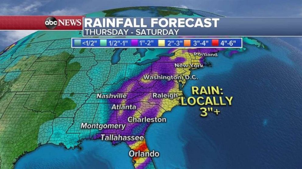 PHOTO: Much of the East Coast could see 3 inches of rain through Saturday, with central Florida seeing even more.