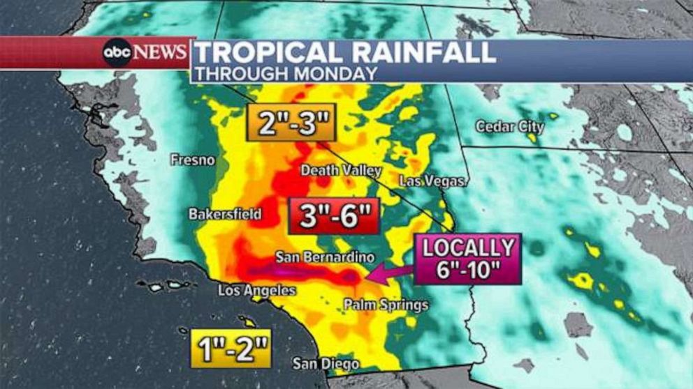 PHOTO: The biggest rainfall totals will be across the mountains east of San Diego, north and east of Los Angeles with also scattered very heavy rain in some of the desert areas.
