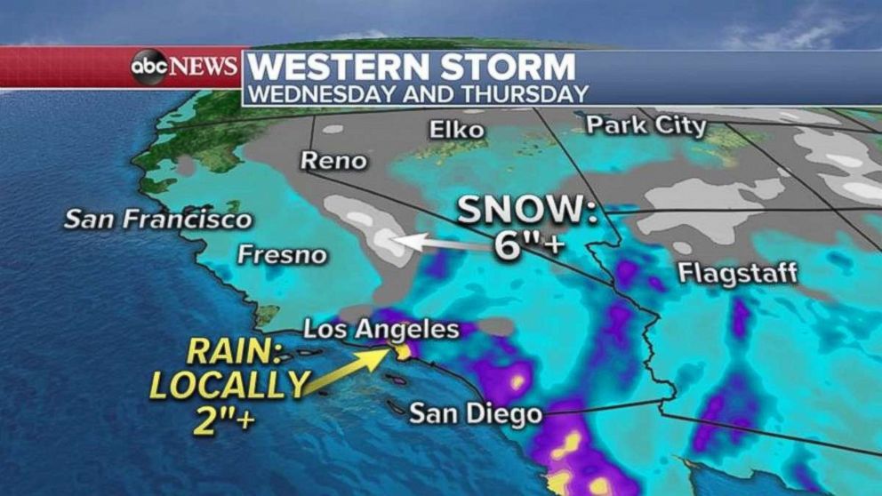 PHOTO: As much as 2 inches of rain could fall locally near Los Angeles on Wednesday and Thursday. A half a foot of snow is possible in the Sierra Nevadas.