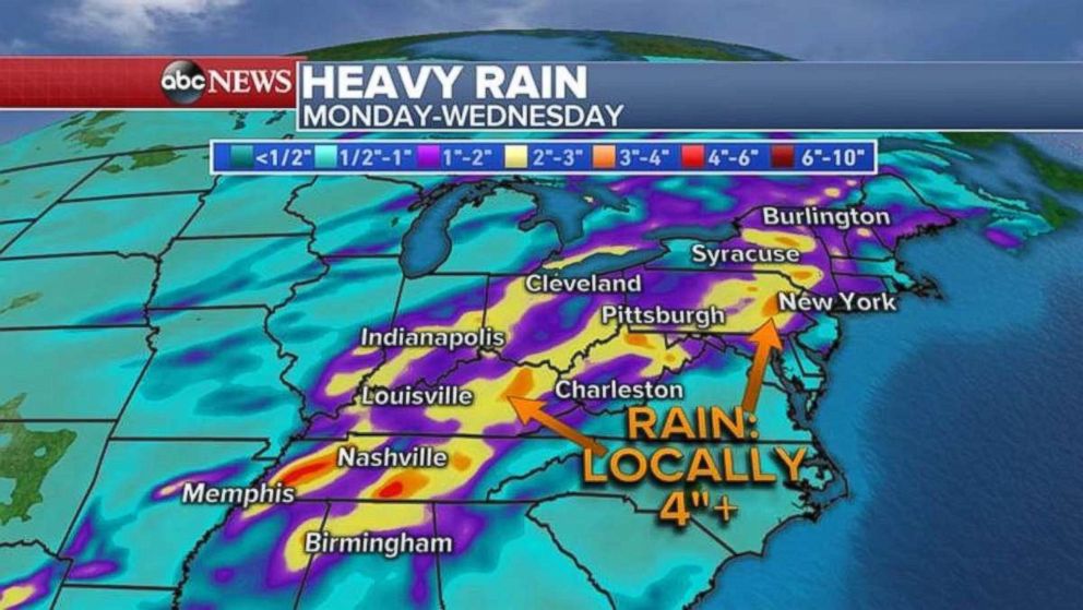 PHOTO: Rainfall could be as much as 4 inches locally in eastern Kentucky and eastern Pennsylvania.