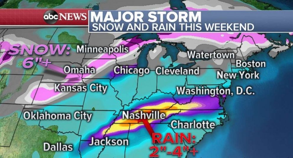 PHOTO: Over 6 inches of snow is possible in parts of the Plains, while northern Mississippi, Tennessee and southeast Kentucky could see 2 to 4 inches of rain.