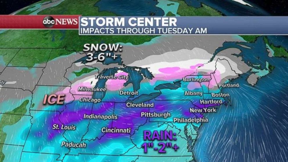 PHOTO: Rainfall totals of 1 to 2 inches are possible in the eastern U.S., with ice and snow farther to the north.
