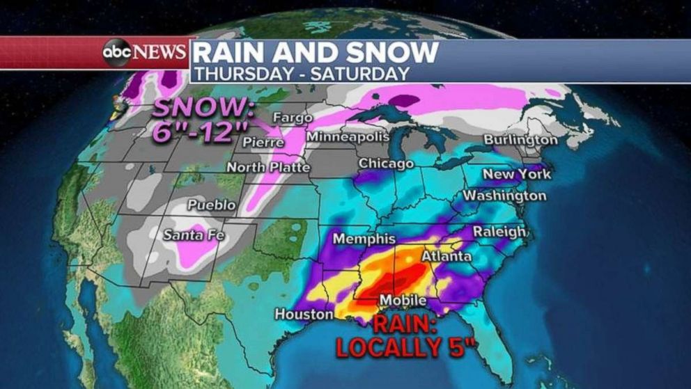 PHOTO: As much as 5 inches of rain are possible along the central Gulf Coast, while as much as 1 foot of snow could fall in the northern U.S. over the next three days.