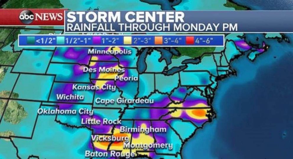 Heavy rain in expected in the Deep South and parts of North Carolina and southern Virginia through Monday.