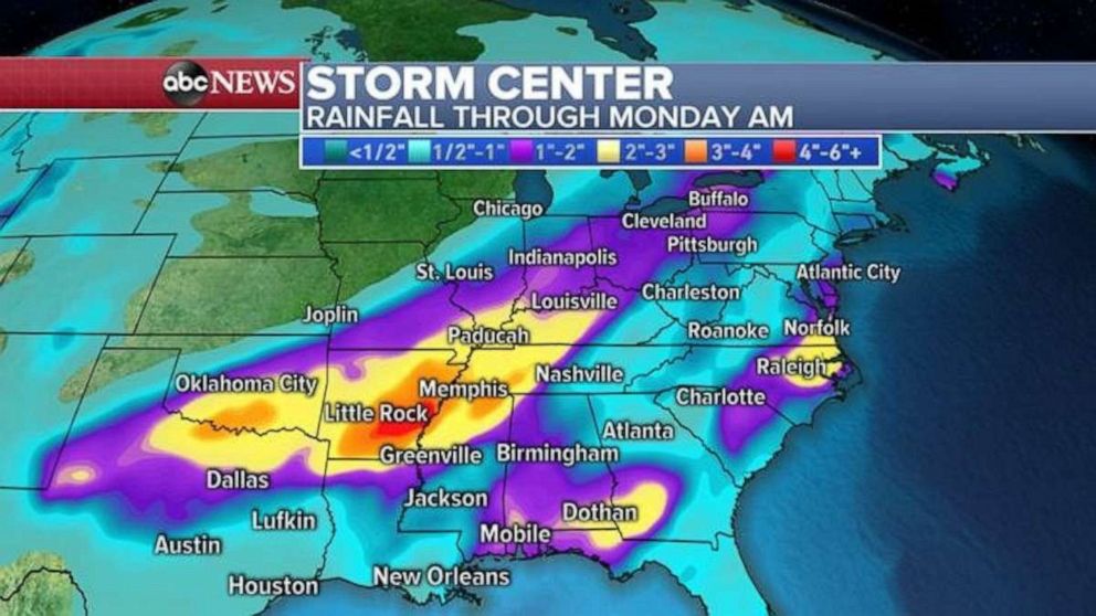 PHOTO: The heaviest rainfall totals will be in Arkansas, northern Mississippi and western Tennessee through Monday.