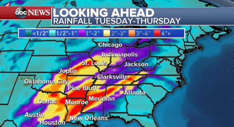 Heavy rain could cause flooding midweek in the Mississippi River Valley.